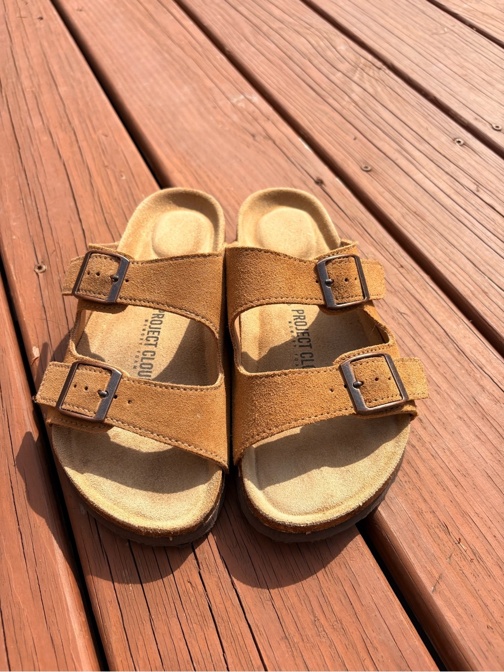 Project Cloud Tan Suede Double-Buckle Women's Sandals